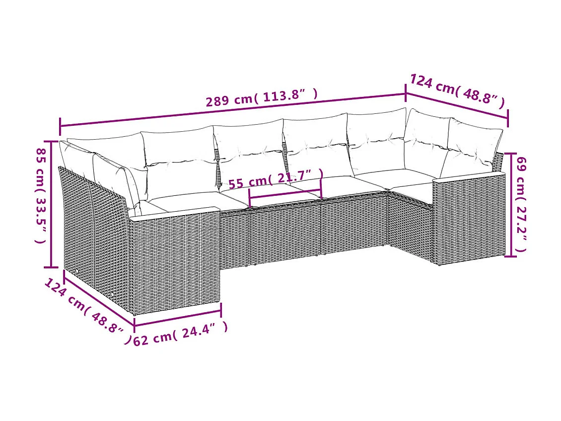 Salon de jardin avec coussins 7 pcs gris résine tressée