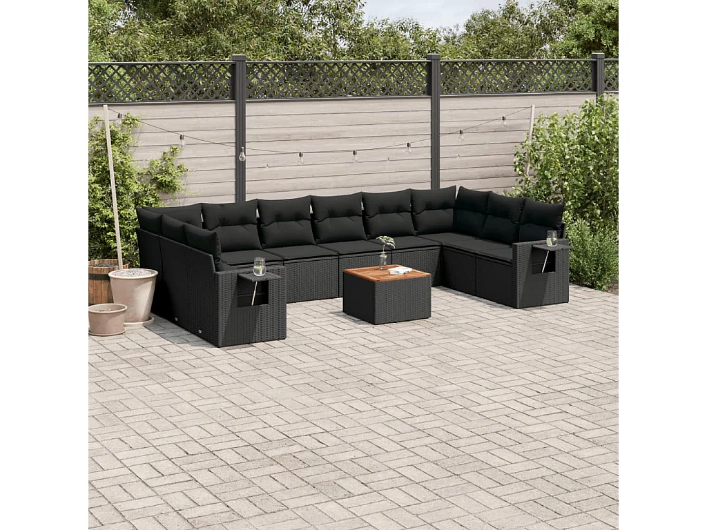 Salon de jardin 11 pcs avec coussins noir résine tressée