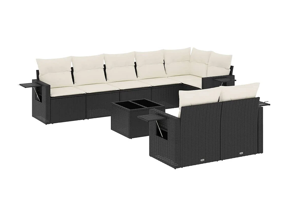 Salon de jardin 9 pcs avec coussins noir résine tressée