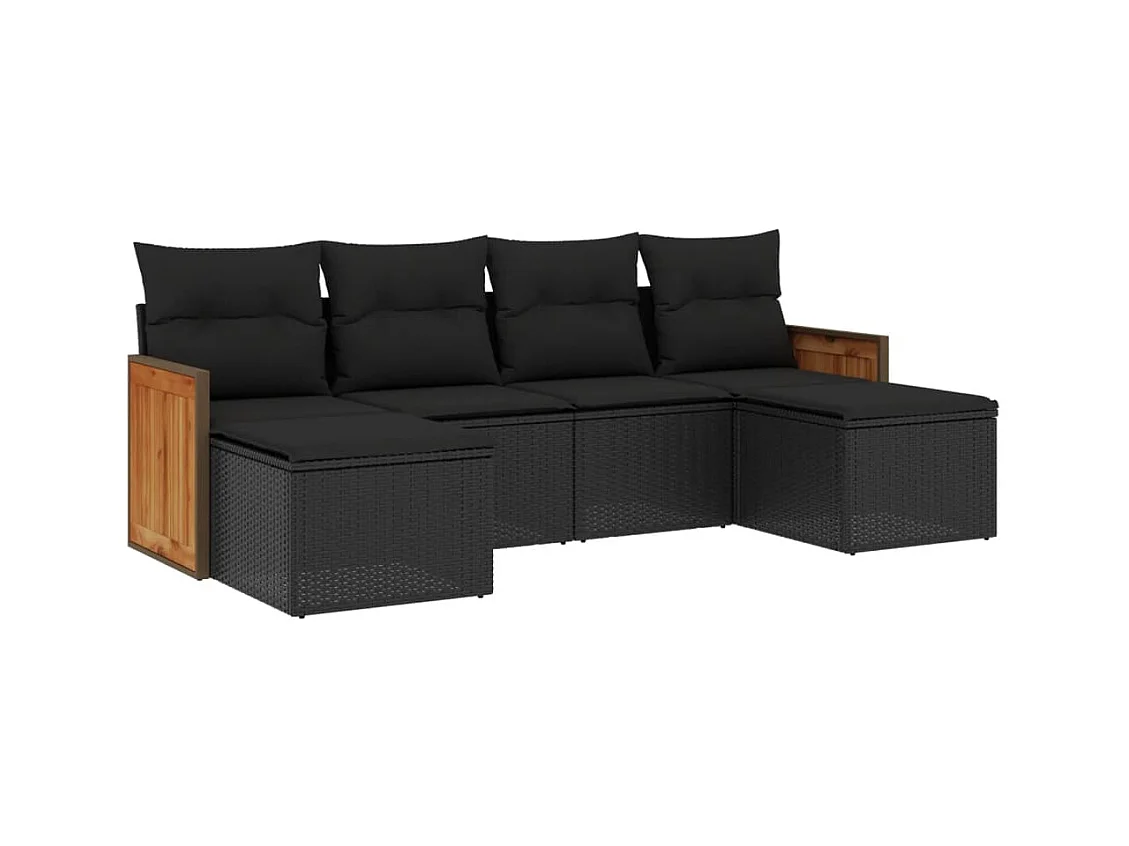 Salon de jardin 6 pcs avec coussins noir résine tressée