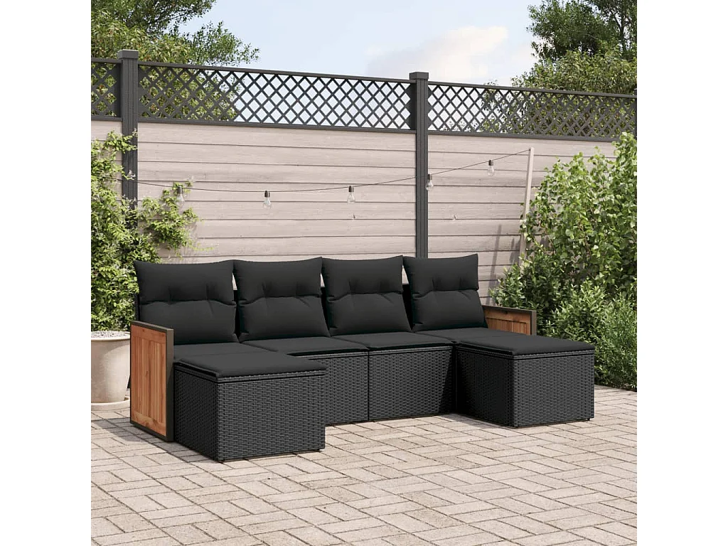 Salon de jardin 6 pcs avec coussins noir résine tressée