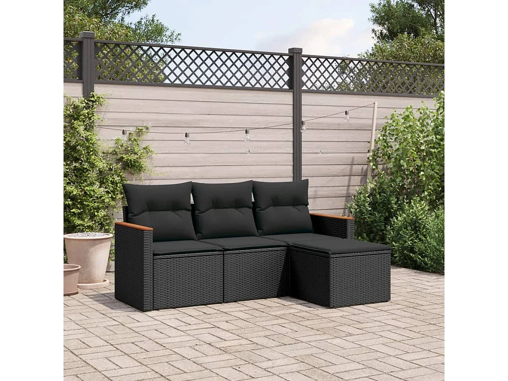 Salon de jardin 4 pcs avec coussins noir résine tressée