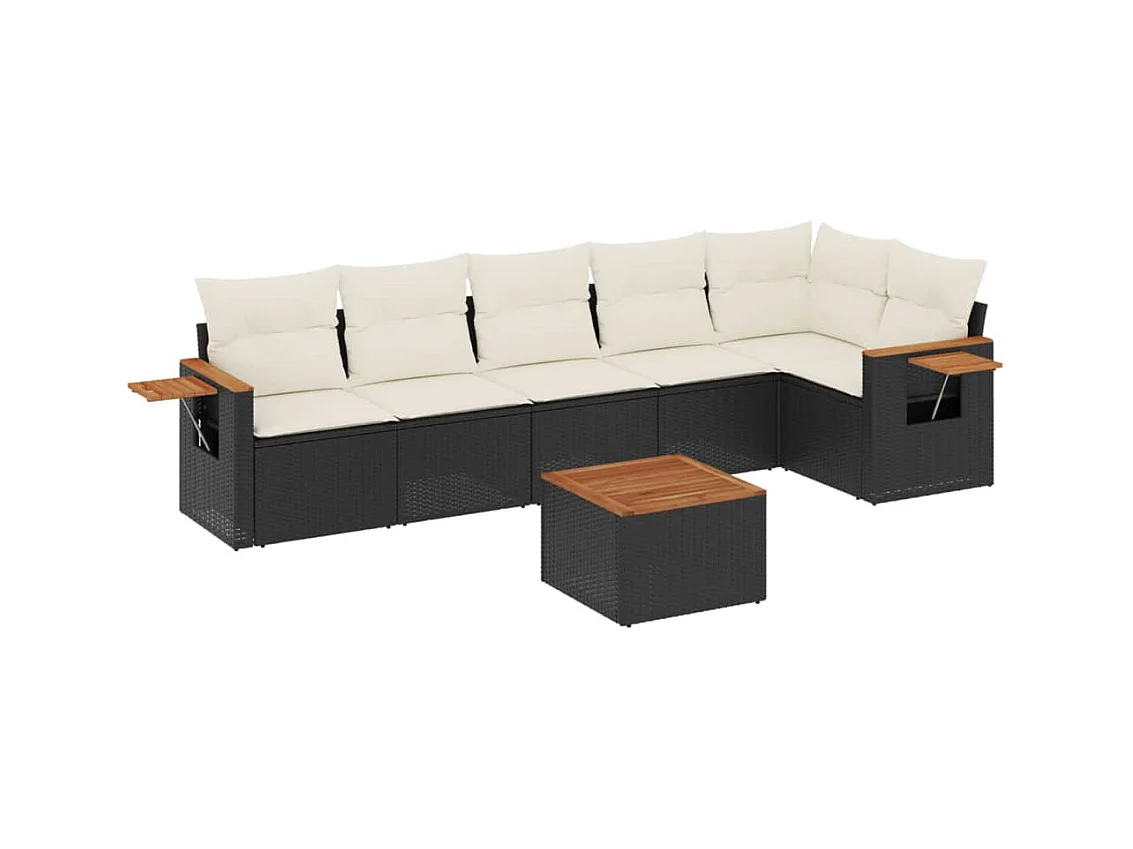 Salon de jardin 7 pcs avec coussins noir résine tressée
