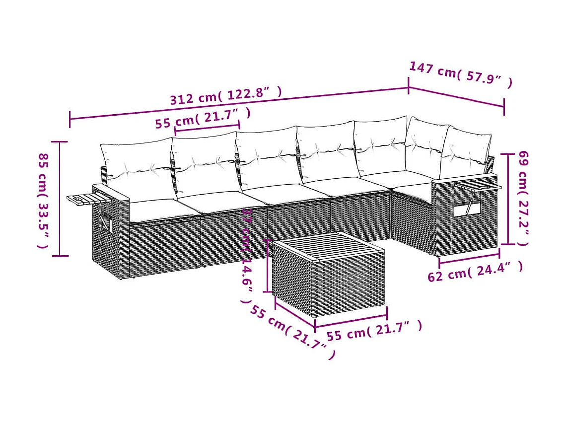 Salon de jardin 7 pcs avec coussins noir résine tressée
