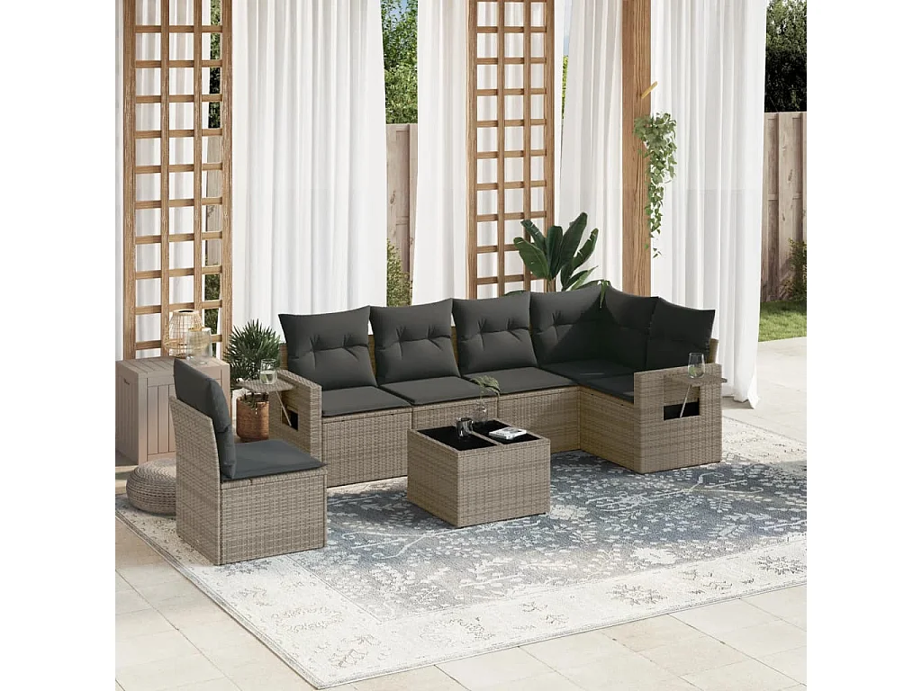 Salon de jardin avec coussins 7 pcs gris résine tressée