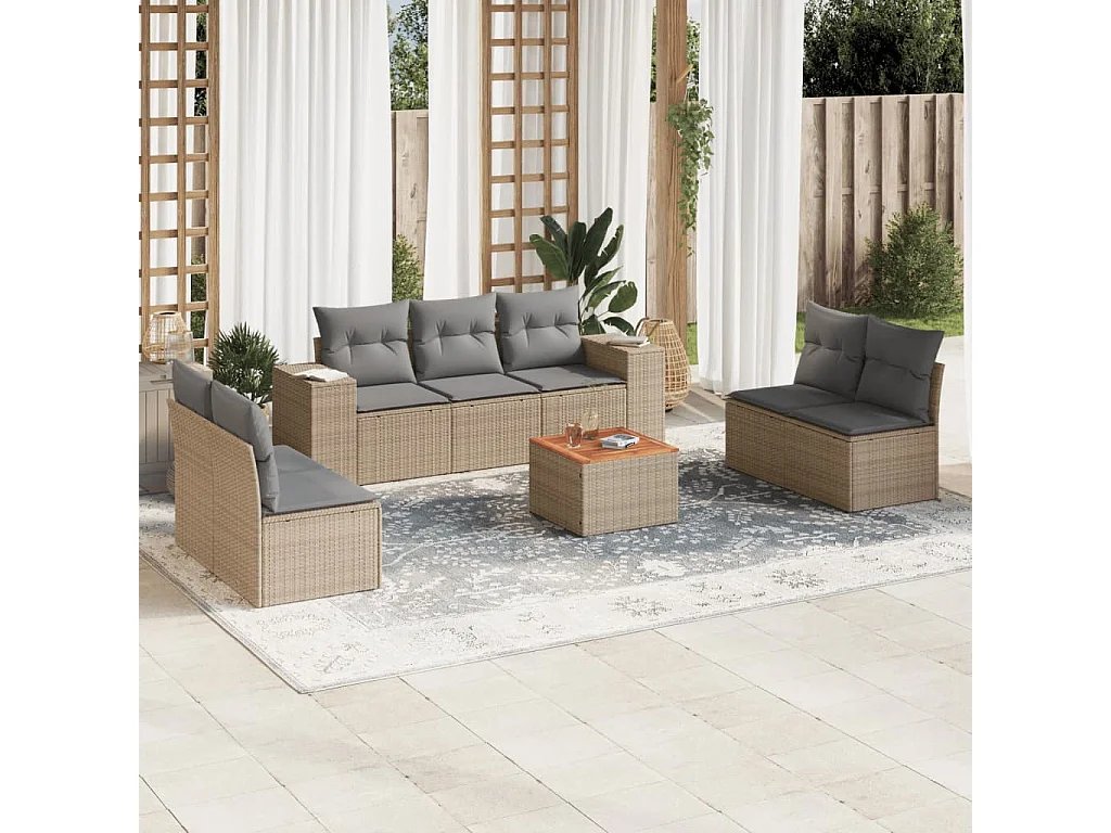 Salon de jardin avec coussins 8 pcs beige résine tressée