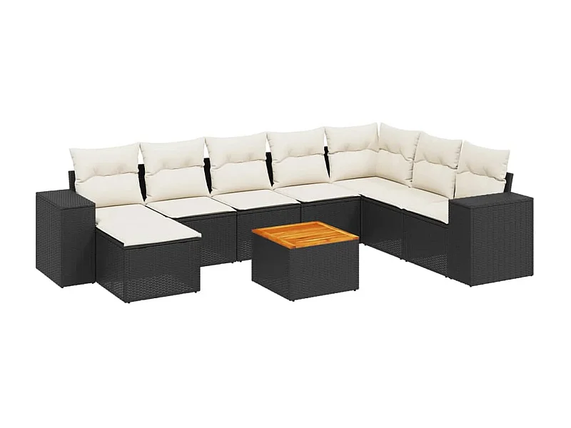Salon de jardin 9 pcs avec coussins noir résine tressée