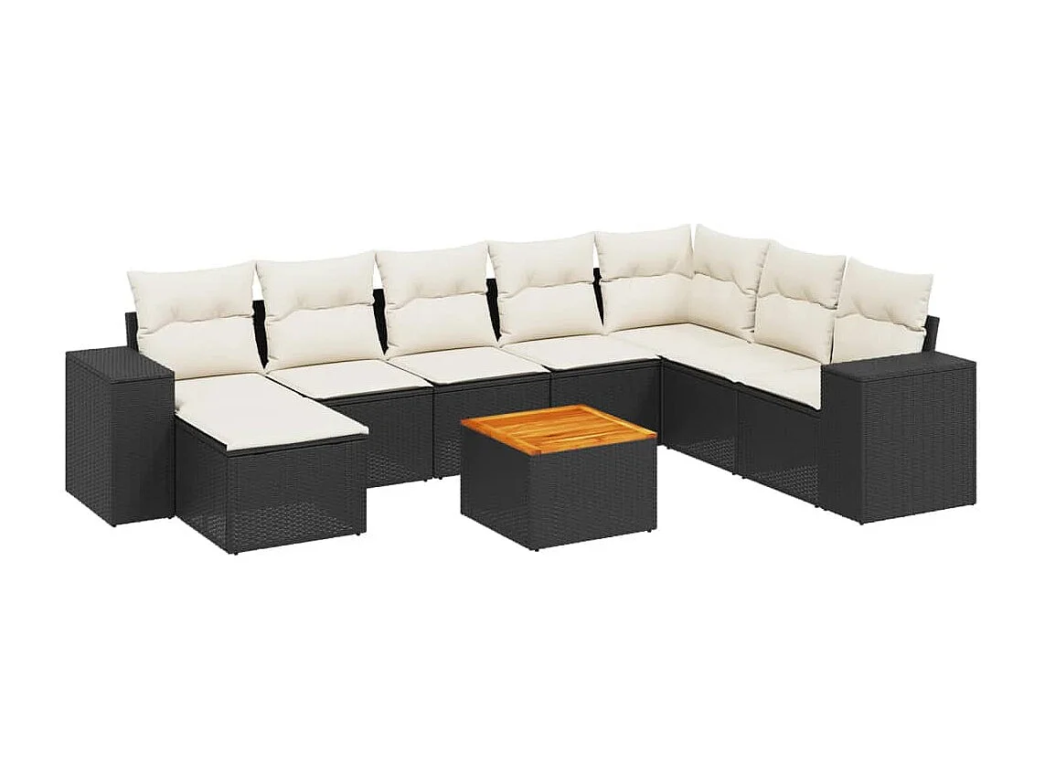 Salon de jardin 9 pcs avec coussins noir résine tressée