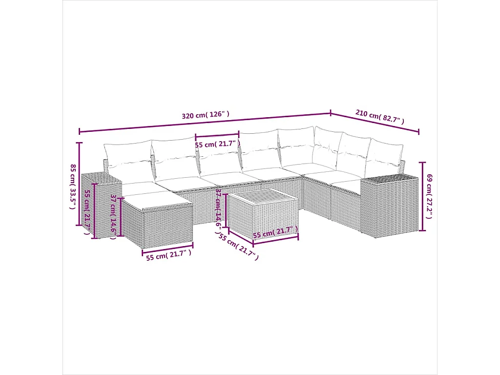 Salon de jardin 9 pcs avec coussins noir résine tressée