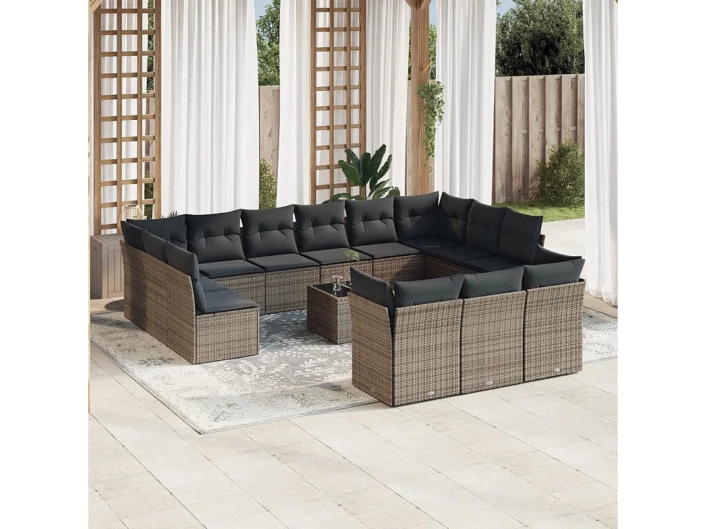 Salon de jardin avec coussins 14 pcs gris résine tressée