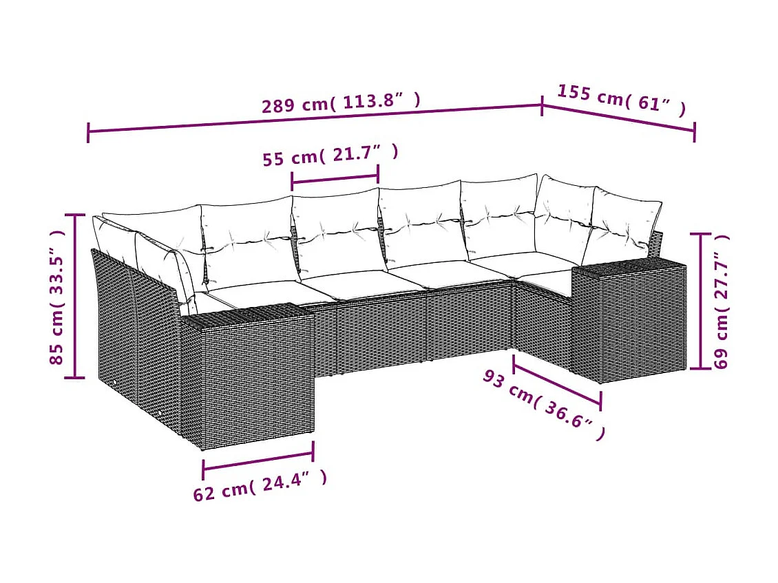 Salon de jardin avec coussins 7 pcs gris résine tressée