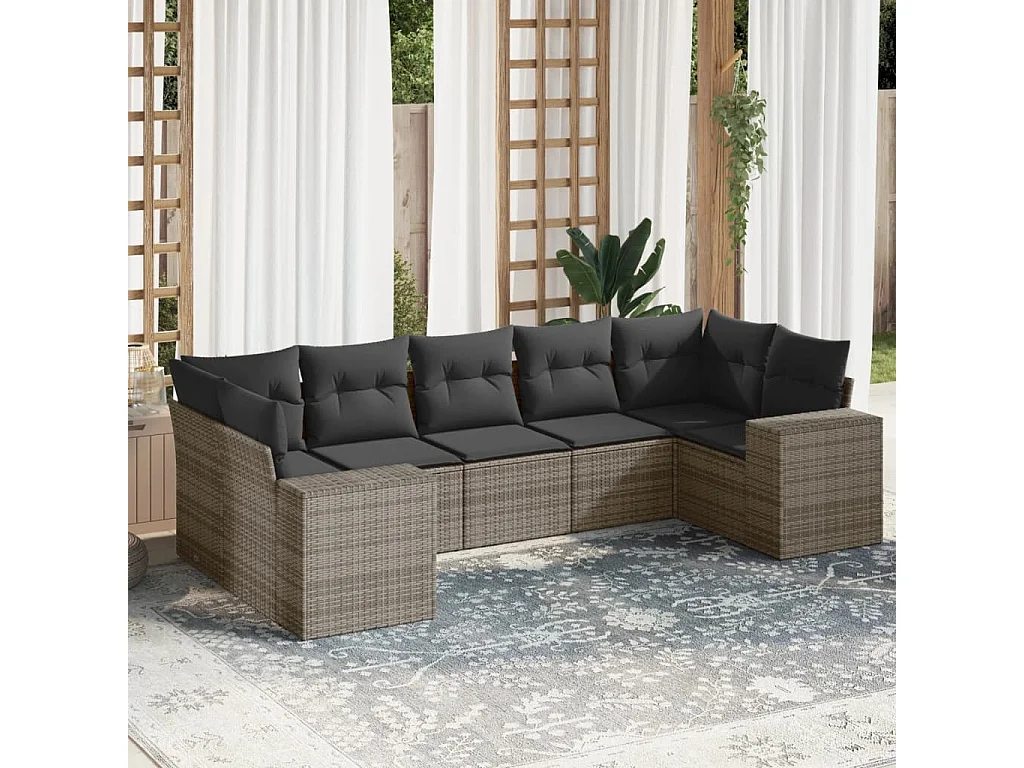 Salon de jardin avec coussins 7 pcs gris résine tressée