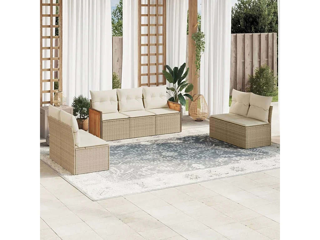 Salon de jardin avec coussins 7 pcs beige résine tressée