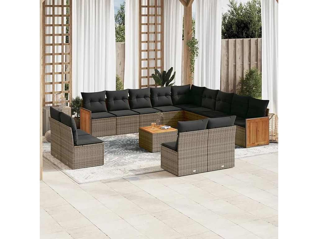 Salon de jardin avec coussins 14 pcs gris résine tressée