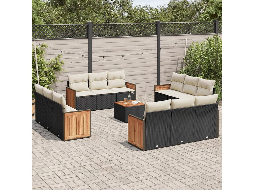 Salon de jardin avec coussins 13 pcs noir résine tressée