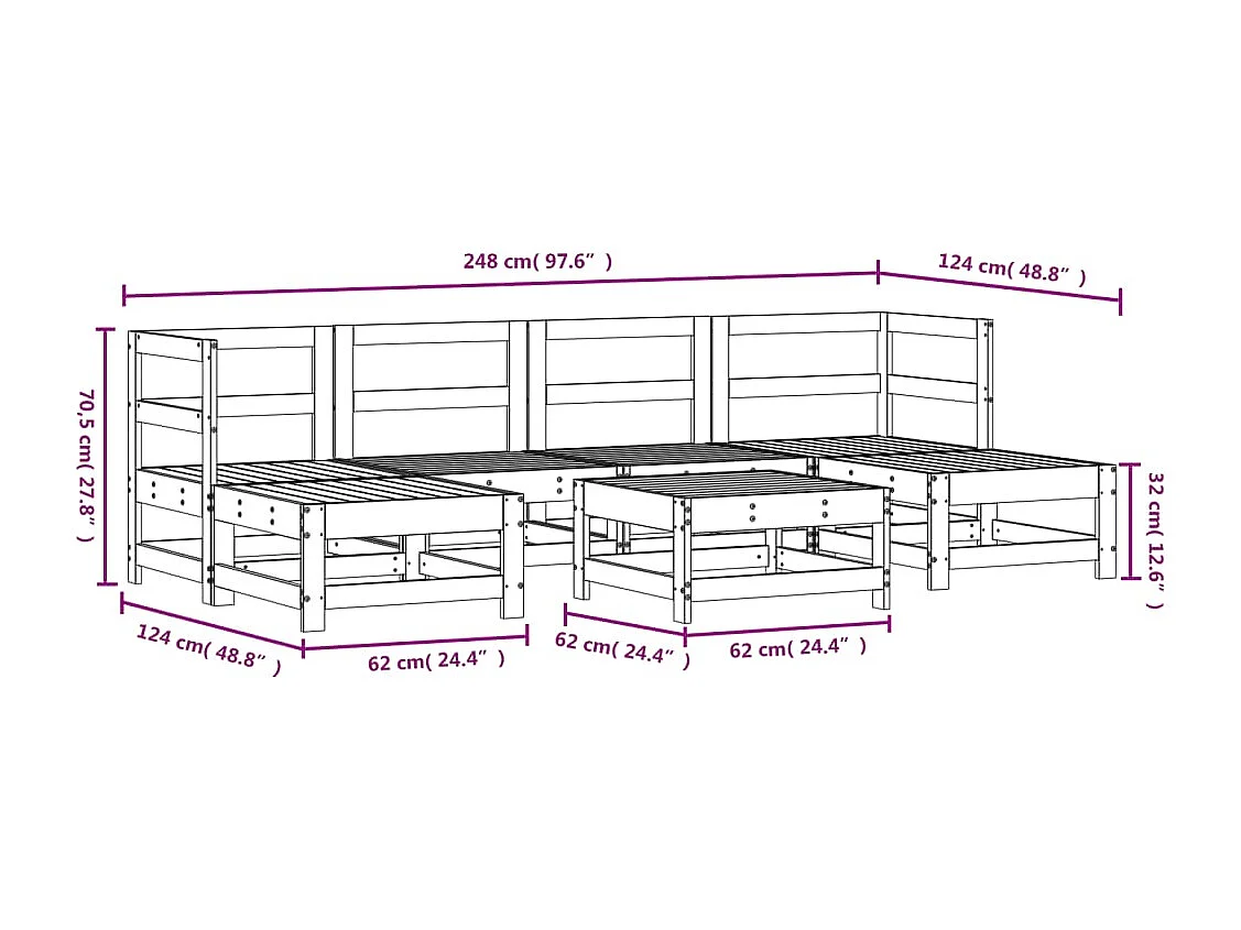 Salon de jardin 7 pcs Blanc Bois de pin massif