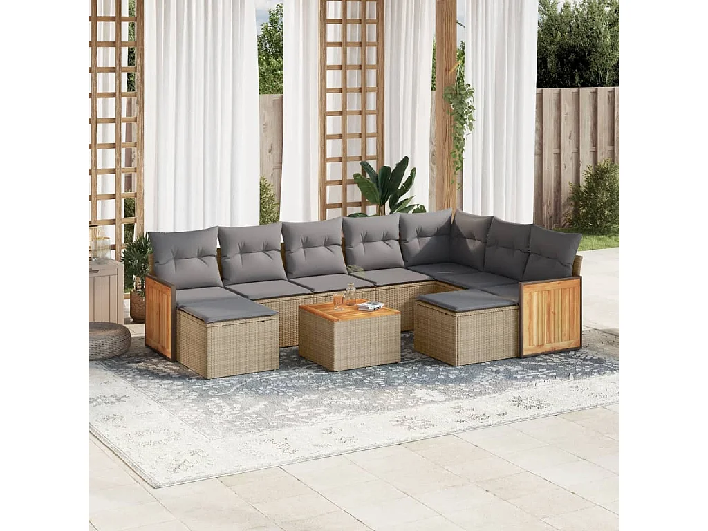 Salon de jardin avec coussins 10 pcs beige résine tressée