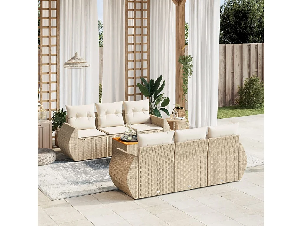 Salon de jardin avec coussins 7 pcs beige résine tressée