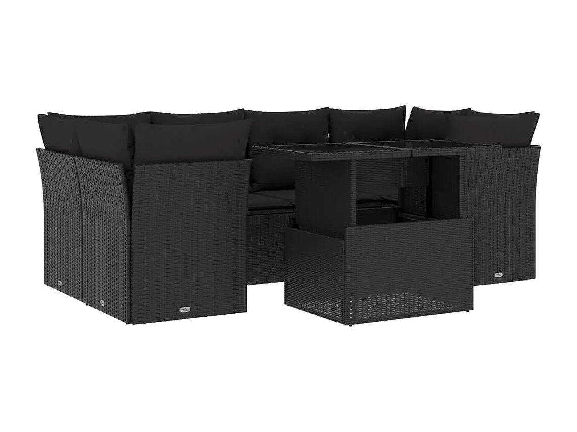 Salon de jardin 7 pcs avec coussins noir résine tressée