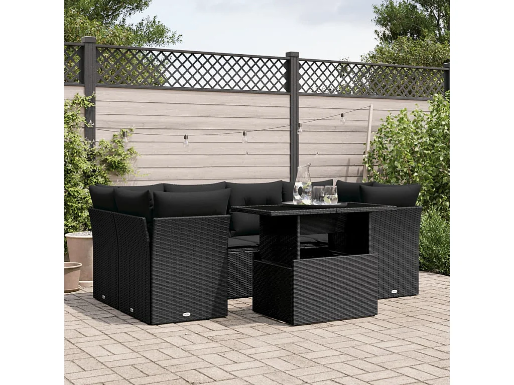 Salon de jardin 7 pcs avec coussins noir résine tressée