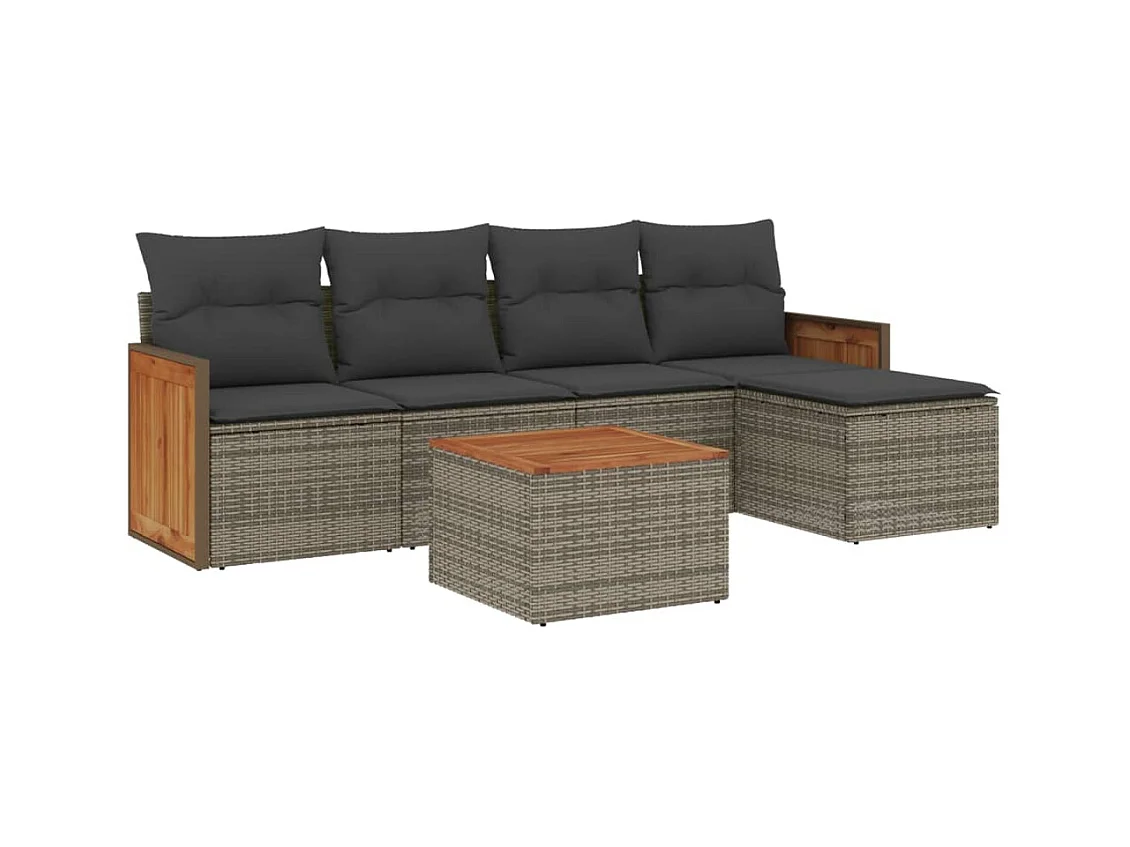 Salon de jardin 6 pcs avec coussins gris résine tressée
