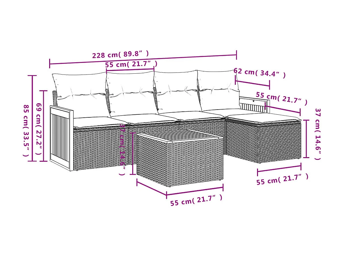 Salon de jardin 6 pcs avec coussins gris résine tressée