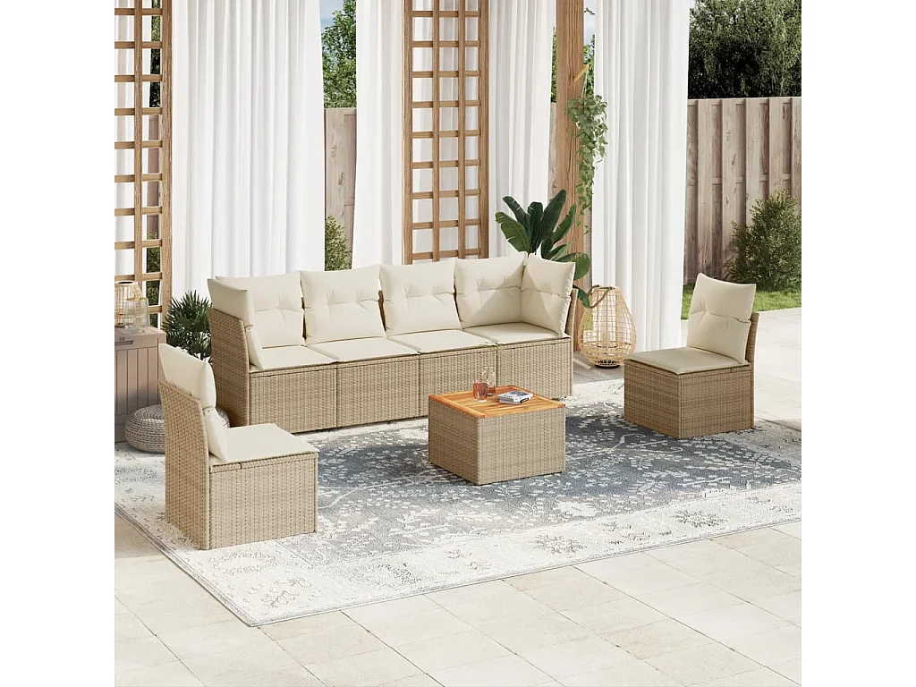 Salon de jardin avec coussins 7 pcs beige résine tressée