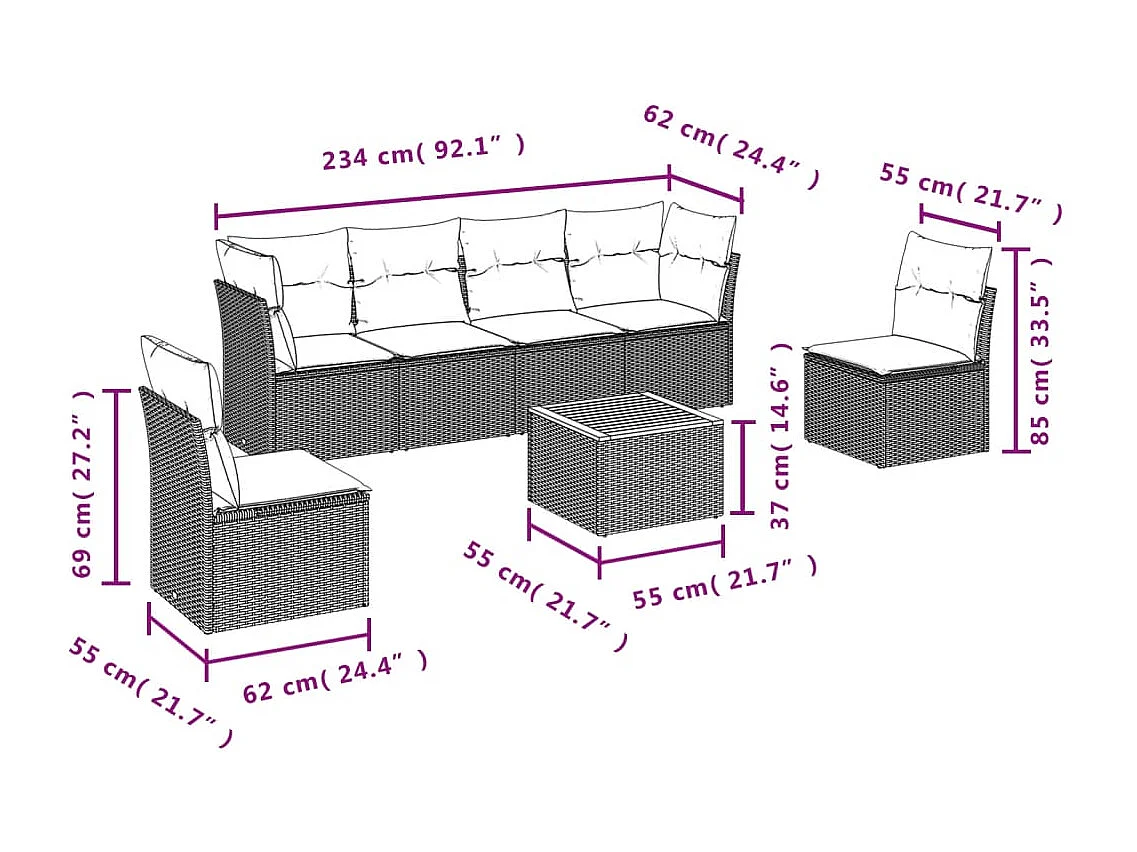 Salon de jardin avec coussins 7 pcs beige résine tressée