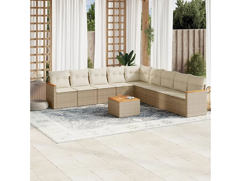 Salon de jardin avec coussins 10 pcs beige résine tressée