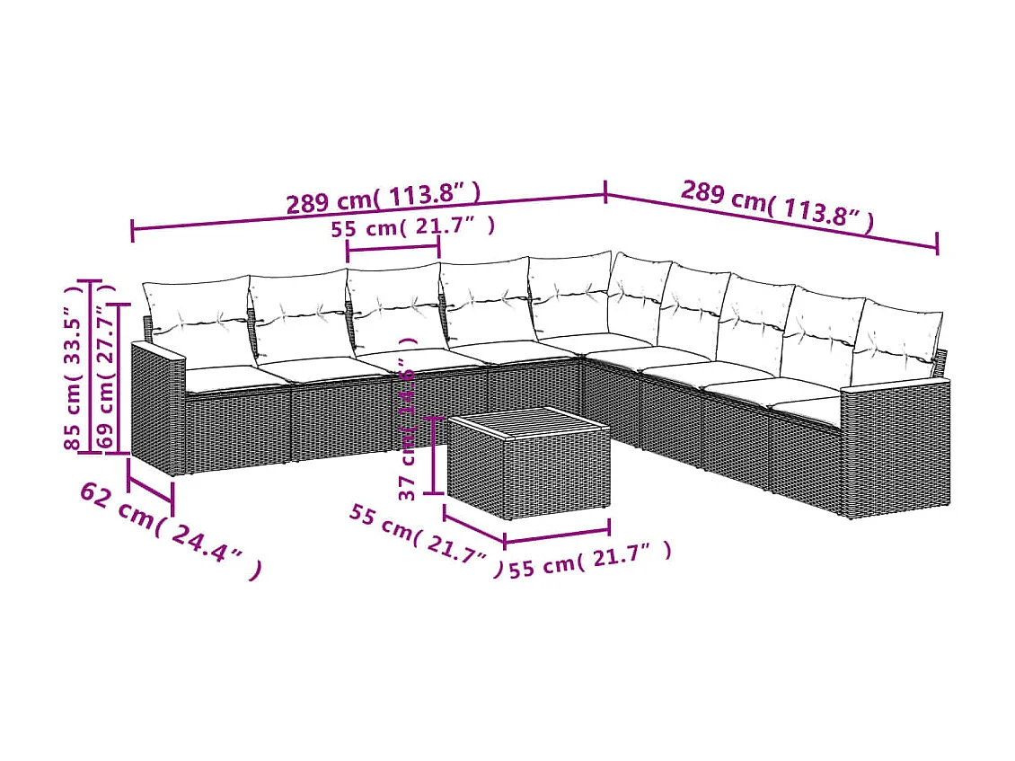 Salon de jardin avec coussins 10 pcs beige résine tressée
