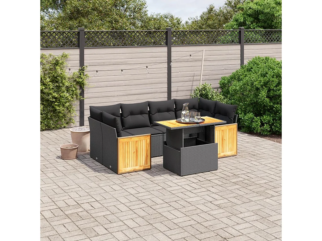 Salon de jardin 7 pcs avec coussins noir résine tressée
