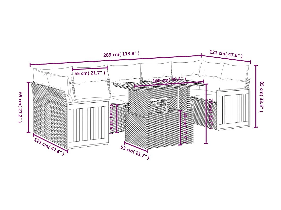 Salon de jardin 7 pcs avec coussins noir résine tressée