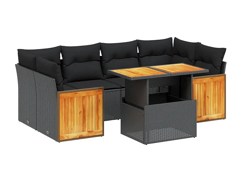 Salon de jardin 7 pcs avec coussins noir résine tressée