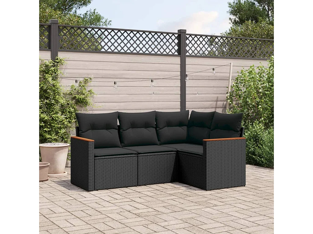 Salon de jardin 4 pcs avec coussins noir résine tressée