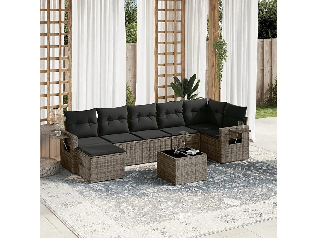 Salon de jardin 8 pcs avec coussins gris résine tressée