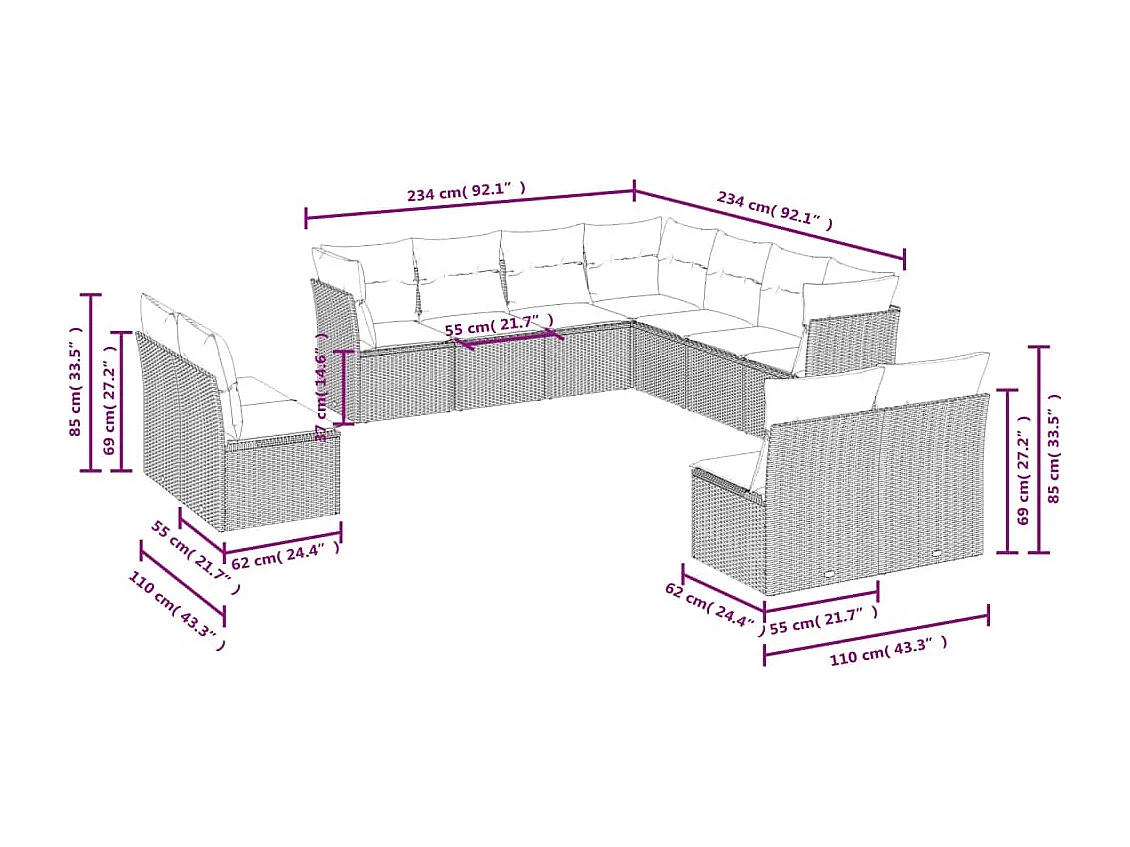 Salon de jardin 11 pcs avec coussins noir résine tressée