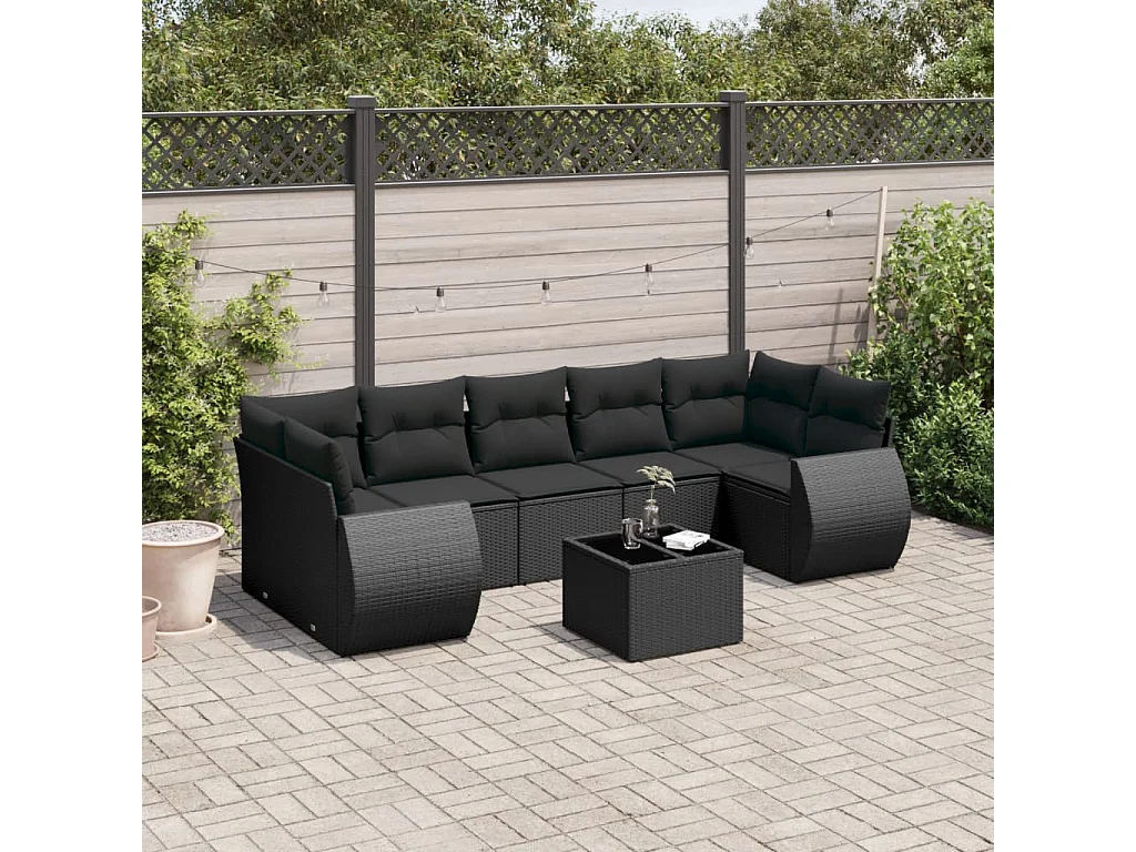 Salon de jardin 8 pcs avec coussins noir résine tressée