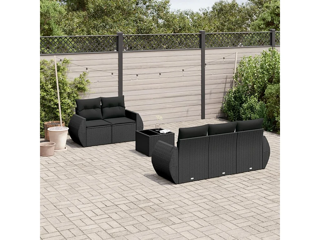 Salon de jardin 6 pcs avec coussins noir résine tressée