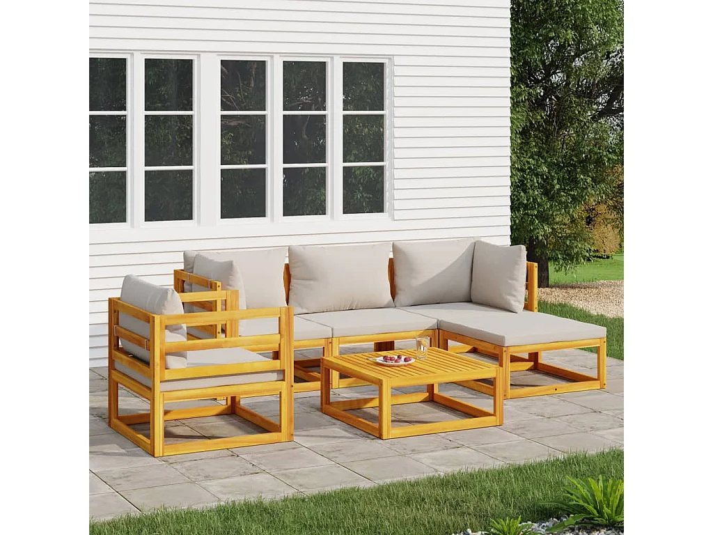 Salon de jardin 6 pcs avec coussins gris clair bois massif