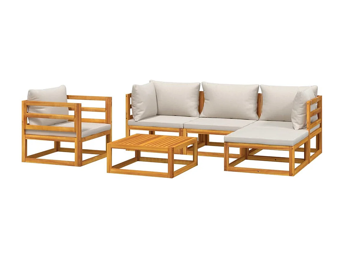 Salon de jardin 6 pcs avec coussins gris clair bois massif