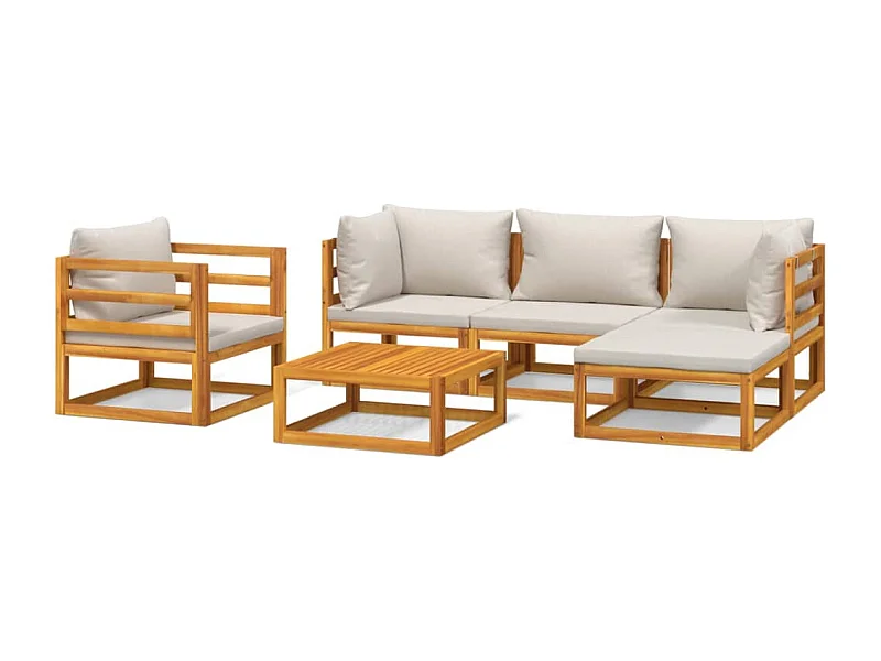 Salon de jardin 6 pcs avec coussins gris clair bois massif