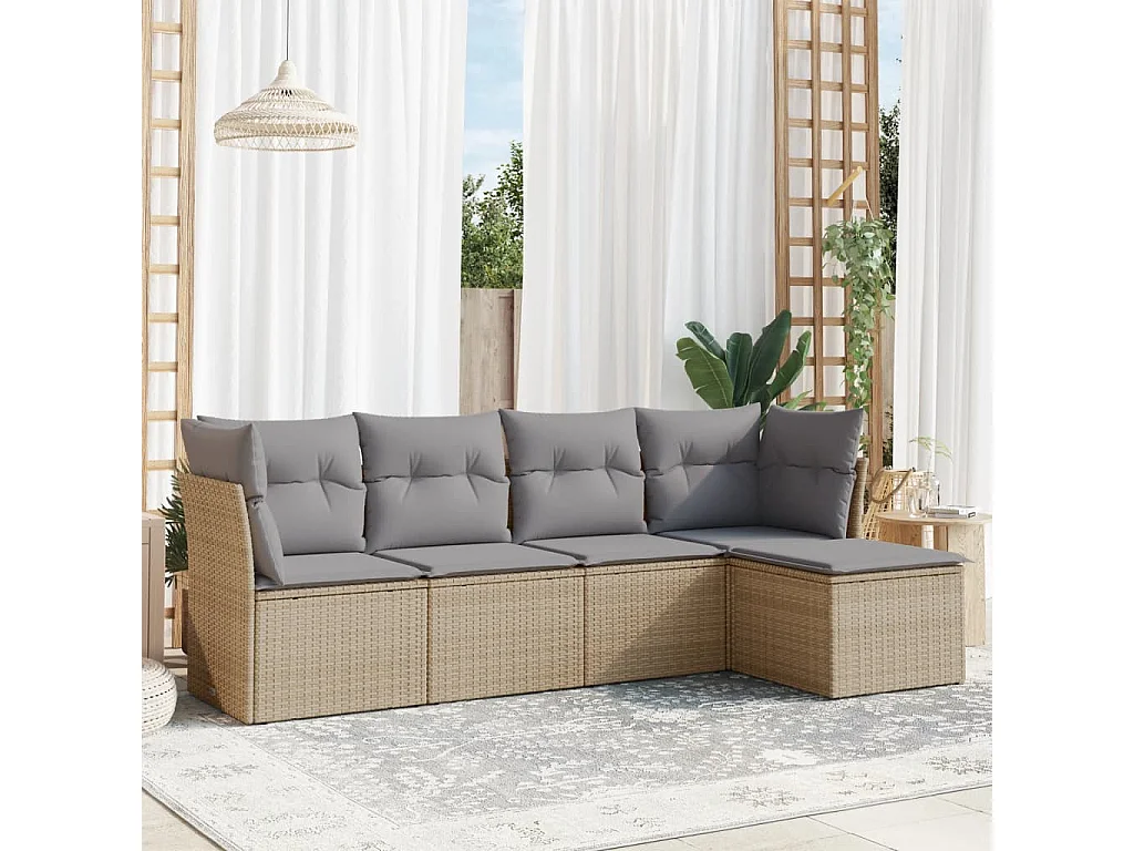 Salon de jardin avec coussins 5 pcs beige résine tressée