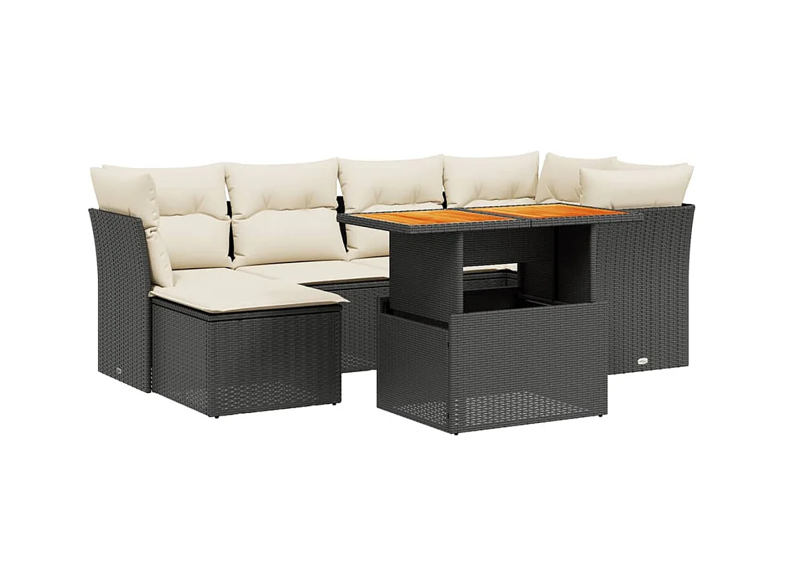 Salon de jardin 7 pcs avec coussins noir résine tressée