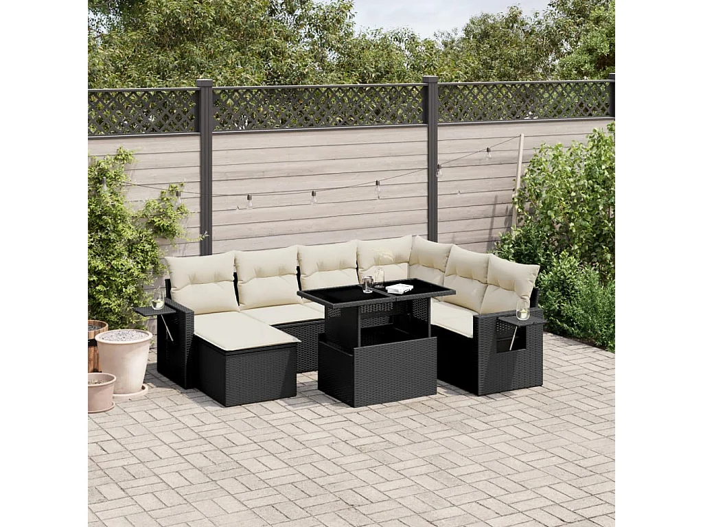 Salon de jardin 9 pcs avec coussins noir résine tressée