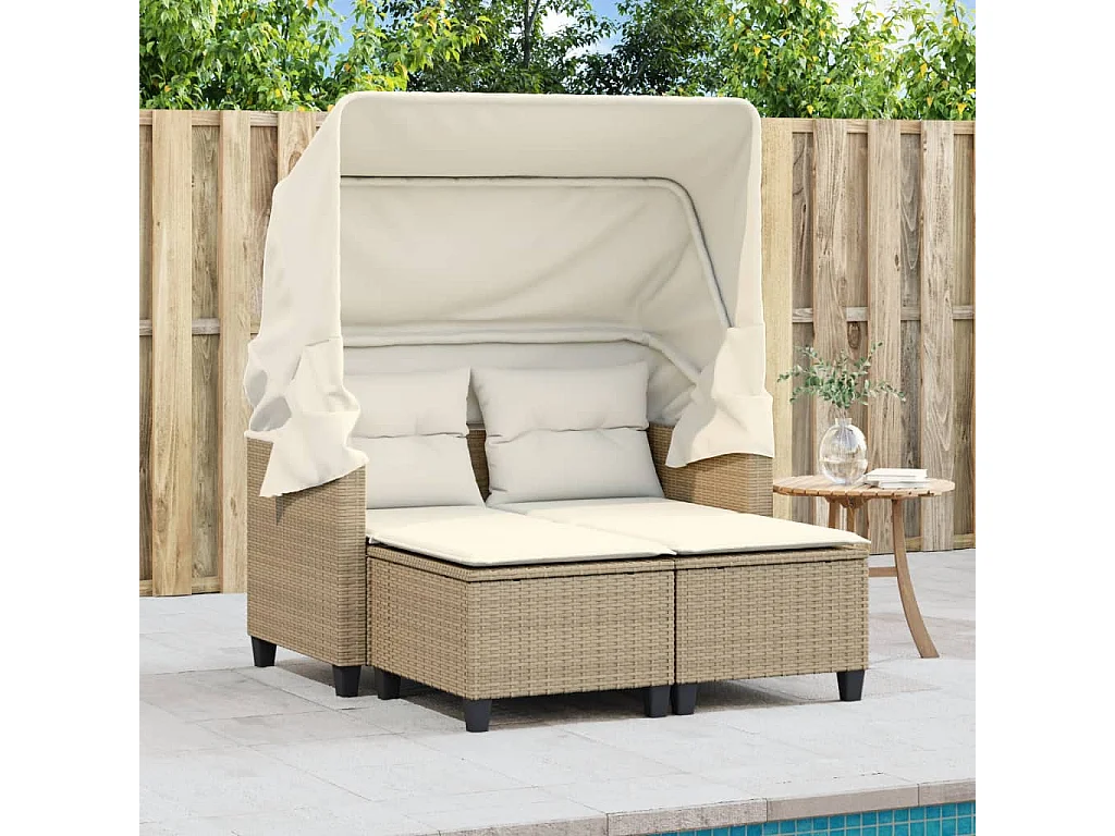 Canapé de jardin 2 places avec auvent et tabourets beige rotin