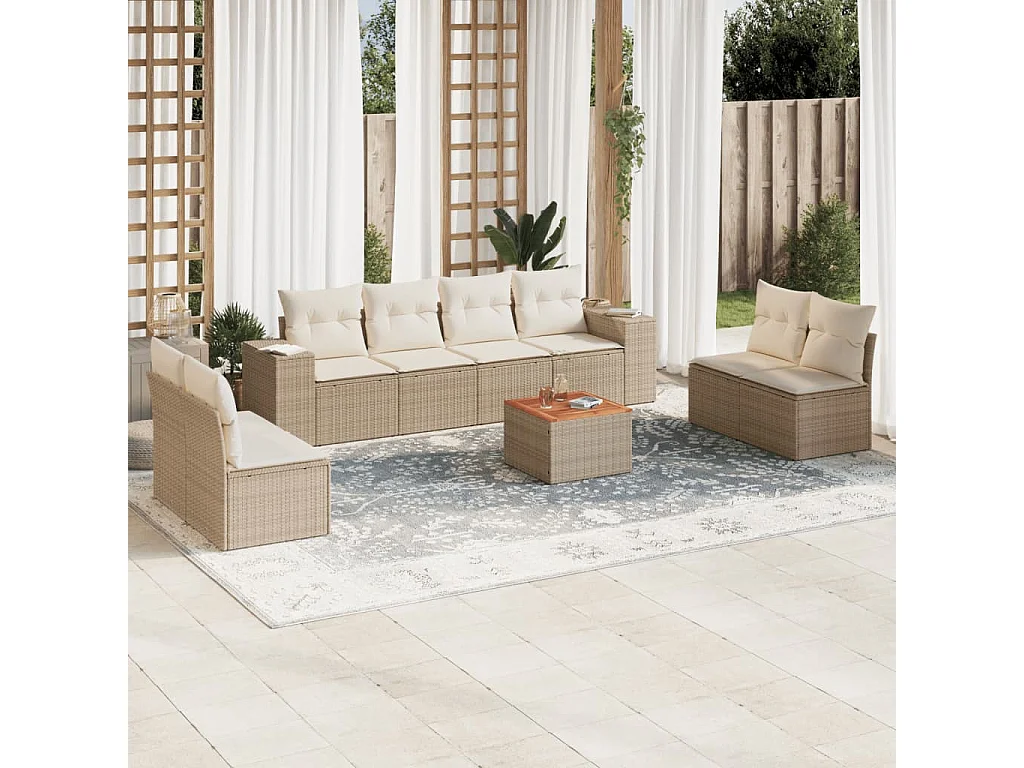 Salon de jardin avec coussins 9 pcs beige résine tressée