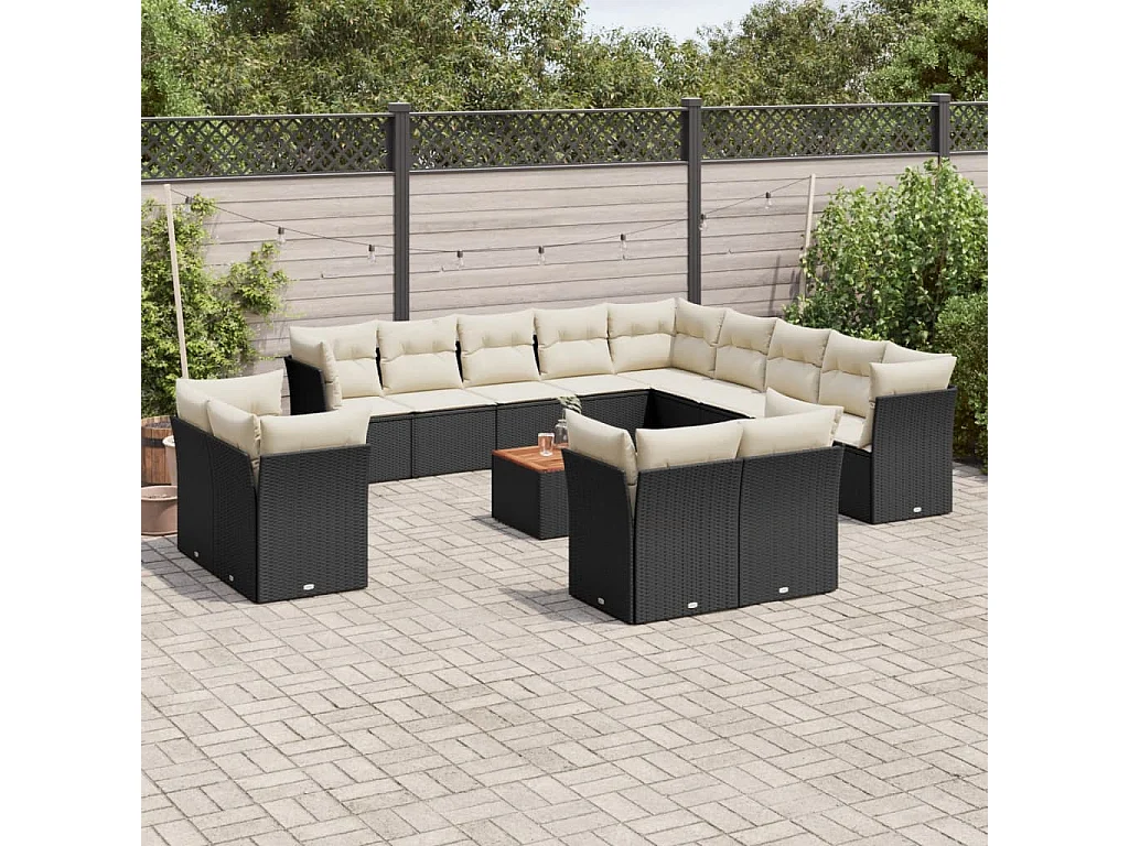 Salon de jardin avec coussins 14 pcs noir résine tressée