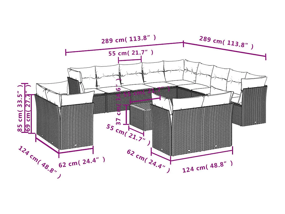 Salon de jardin avec coussins 14 pcs gris résine tressée