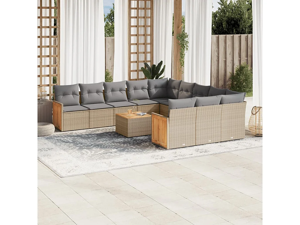 Salon de jardin avec coussins 12 pcs beige résine tressée