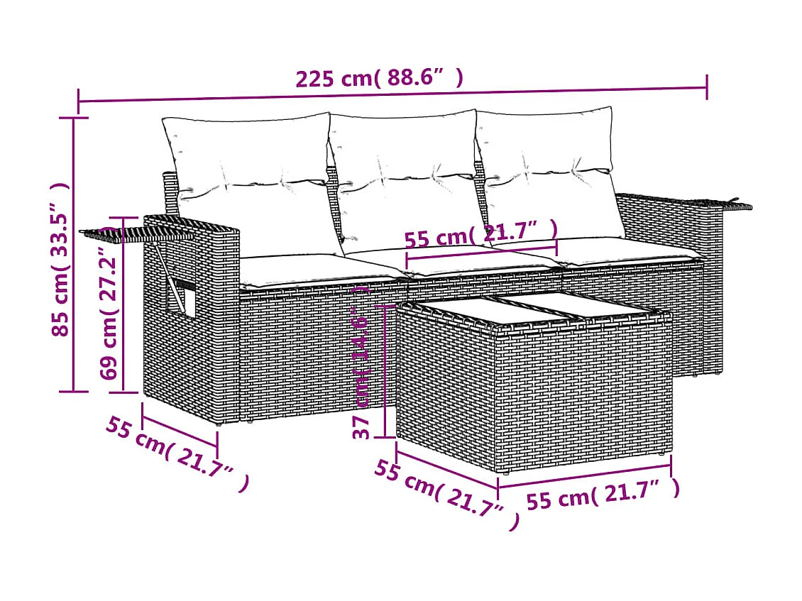 Salon de jardin 4 pcs avec coussins gris résine tressée